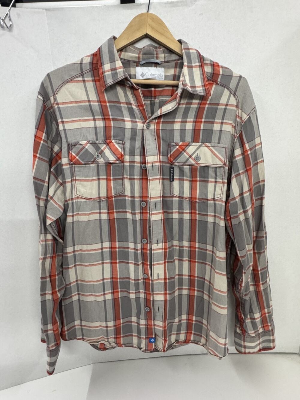 Mens Columbia Plaid Button Down Size M Orange and Gray